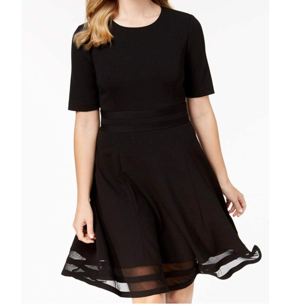 NWOT Calvin Klein Short Sleeve Illusion Trim Fit and Flare Black Dress SZ 12
